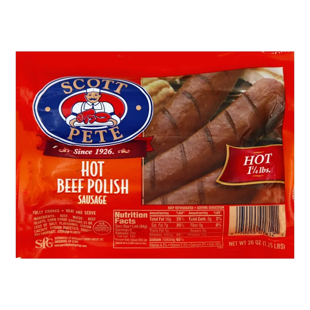 070055018121 SCOTT PETE HOT BEEF POLISH SAUS 20Z - Image 1