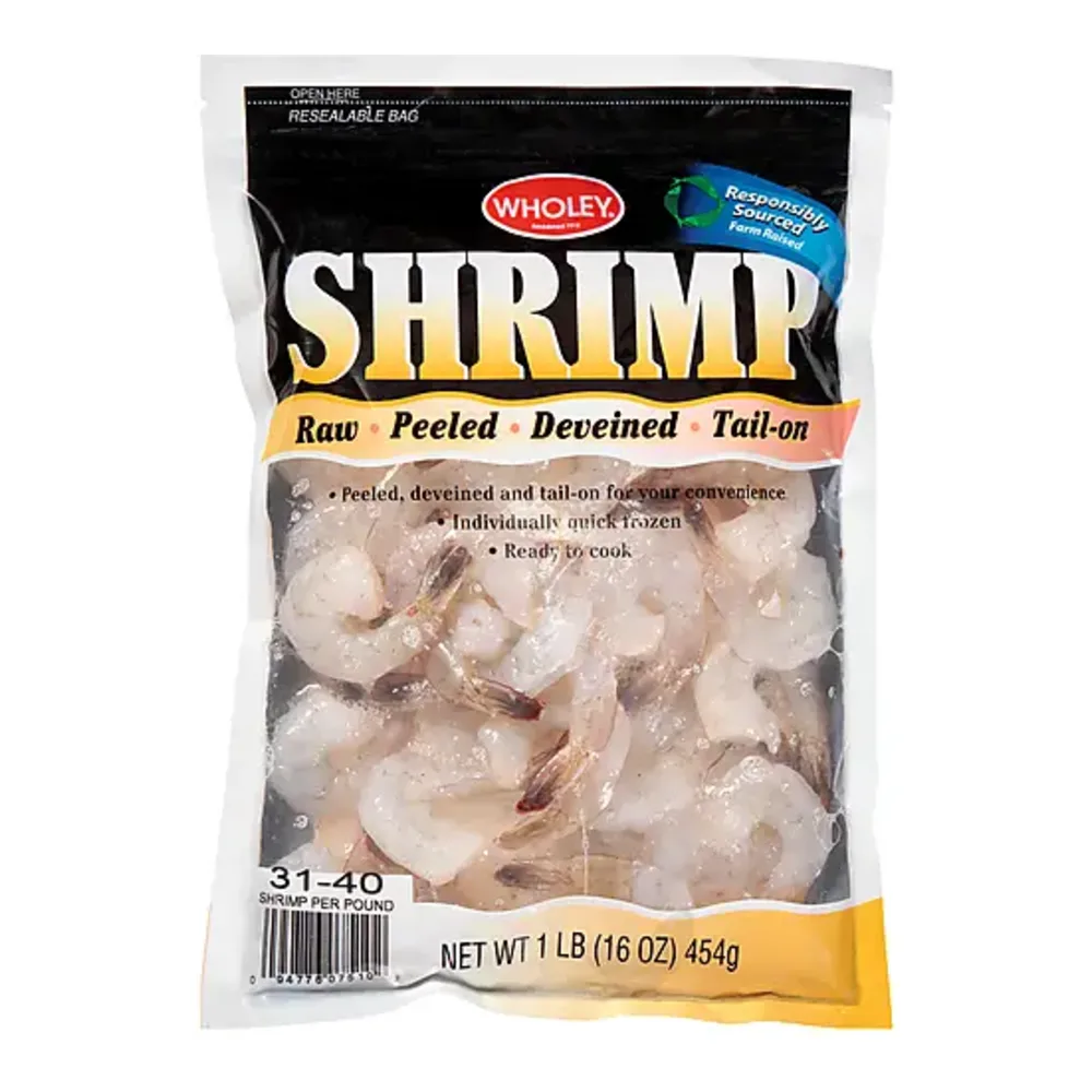 094776075102 WHOLEY SHRIMP RAW T/ON 31/40 1LB - Image 1